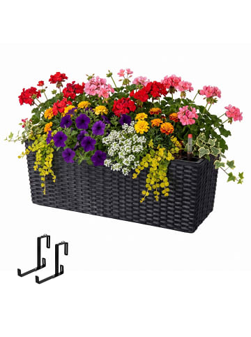 relaxdays Balkonkasten "Rattan" mit Halterung in Schwarz - (B)50 x (H)19 x (T)19 cm