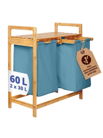 Lumaland Wäschekorb Bambus 73x64x33cm blau 2 Wäschesäcke ausziehbar Blau