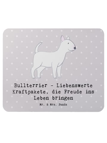 Mr. & Mrs. Panda Mauspad Bullterrier Kraftpaket mit Spruch in Grau Pastell