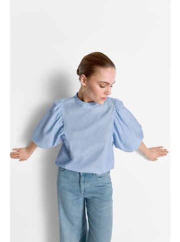 Rich & Royal Cotton Striped Blouse with Removable Bow in Skyway Blue