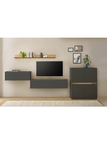 Furn.Design Wohnwand mit Sekretär grau matt, Eiche Wotan 370 cm, Schrankwand 4-teilig