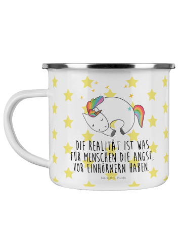 Mr. & Mrs. Panda Camping Emaille Tasse Einhorn Nacht mit Spruch in Weiß
