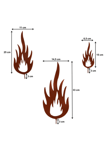 UNUS 3er Set Gartenstecker Rost Flammen in Braun