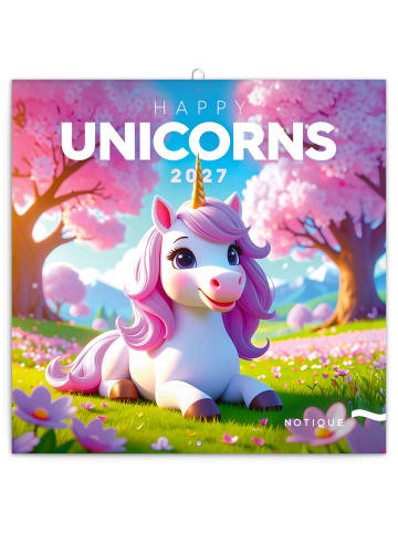 NOTIQUE Wandkalender 2027 6-sprachig in Happy Unicorns - 30 x 30 cm