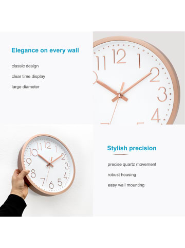 Intirilife Wanduhr mit D30,5 cm in Rosé Gold-Weiß