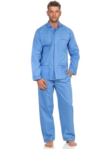NORMANN Pyjama gewebt durchknöpfbarem Oberteil in hellblau