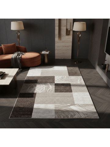 KADIMA DESIGN Teppich Kurzflor Waschbar Abstrakt-Karo DRAU Strapazierfähig in Braun