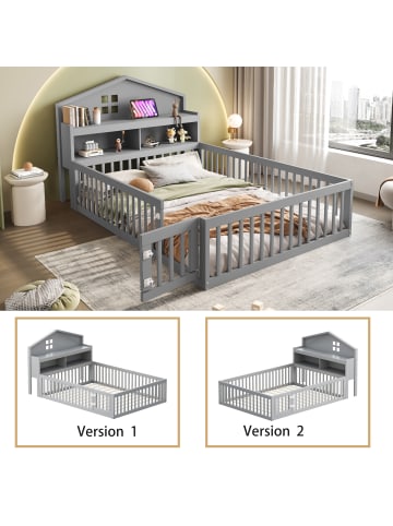 ABRIHOME Kinderbett in Grau 140x200 cm mit Lattenrost Schutzgitter Tür und Stauraum
