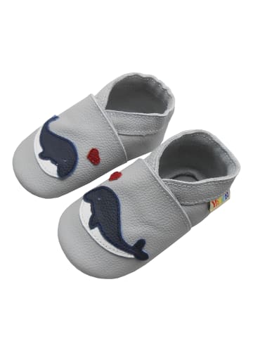 Yalion Hellgraue Krabbelschuhe aus Leder mit rutschfester Sohle – Wal-Muster