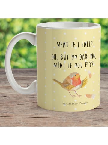 Mr. & Mrs. Panda Kindertasse Rotkehlchen Federn mit Spruch in Gelb Pastell