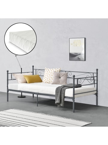 en.casa Metallbett Kerava mit Matraze in Grau (L)200cm (B)90cm (H)90cm