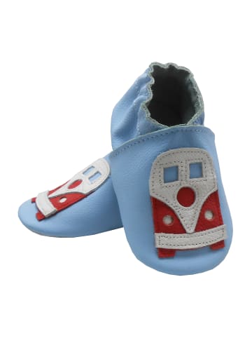 Bemesu Blaue Baby-Leder-Laufschuhe, komfortabel mit rutschfester Sohle - mit Busmotiv