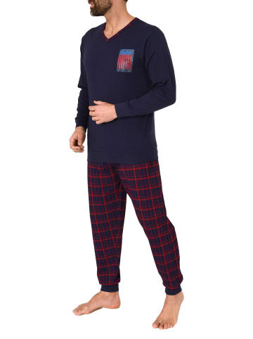 NORMANN langarm Schlafanzug Pyjama Bündchen und karierter Jersey Hose - 83125 in navy