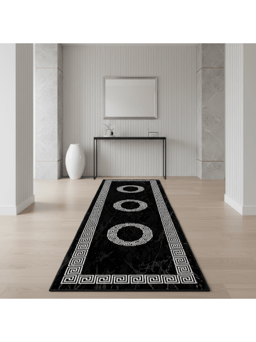 KADIMA DESIGN Teppich Kurzflor Waschbar Mäander INN Strapazierfähig OEKO-TEX in Schwarz