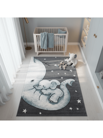 KADIMA DESIGN Kinderteppich Waschbar Elefant TASNA Strapazierfähig OEKO-TEX in Blau