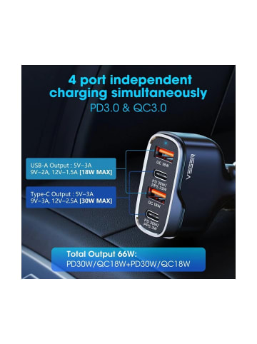 Veger Autoladegerät 2 x USB A + 2 x Typ C - Ladeadapter in Schwarz