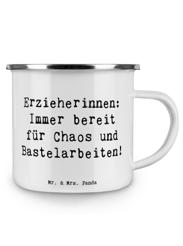 Mr. & Mrs. Panda Camping Emaille Tasse Spruch Erzieherin Chaos m... in Weiß