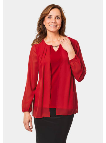 GOLDNER Festliche Bluse mit Chiffonüberwurf und Schmuckelement in rot