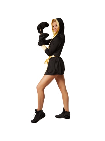 tectake Boxerkostüm mit Short, Top, Mantel mit Kapuze, Gürtel und Boxhandschuhen, schw