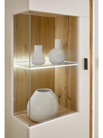Furn.Design Vitrine weiß matt, Eiche Wotan 80 x 125 cm, Highboard inklusive Frontbeleuchtung