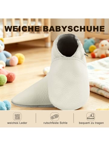 Bemesu Krabbelschuhe aus Leder elastischer Einstieg ohne Schnürung Einfarbig Weiß