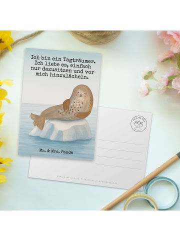 Mr. & Mrs. Panda Postkarte Robbe Lachen Design mit Spruch in Weiß