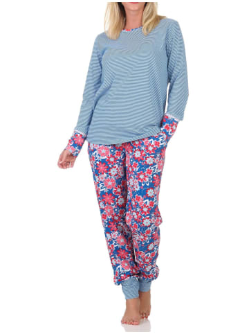NORMANN Langarm Schlafanzug Pyjama Bündchen Streifen in marine
