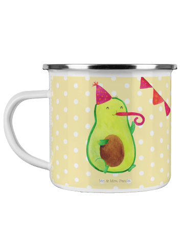 Mr. & Mrs. Panda Camping Emaille Tasse Avocado Party Zeit ohne S... in Gelb Pastell