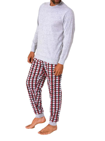 NORMANN langarm Schlafanzug Pyjama Bündchen und karierter Jersey Hose - 83210 in grau