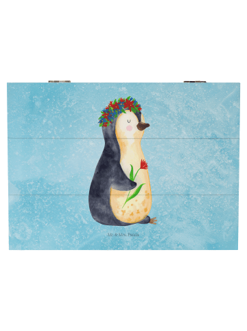 Mr. & Mrs. Panda Holzkiste mit Deckel Pinguin Blumen ohne Spruch in Eisblau