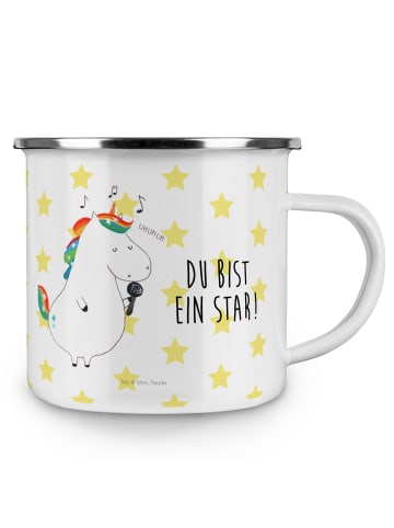 Mr. & Mrs. Panda Camping Emaille Tasse Einhorn Sänger mit Spruch in Weiß