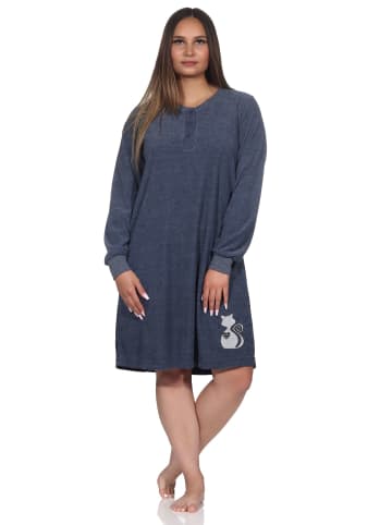 NORMANN Frottee Nachthemd langarm Faulti Katze - 82128 in blau
