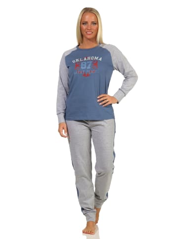 NORMANN Pyjama langarm CollegeLook Front print und abgesetzten Ärmeln - 69320 in blau