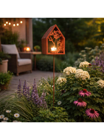 UNUS Lichthaus mit Erdspieß Garten Wildblumen aus Metall in Rost