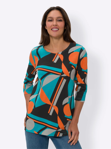 Sieh an! Longshirt in schwarz-türkis-bedruckt