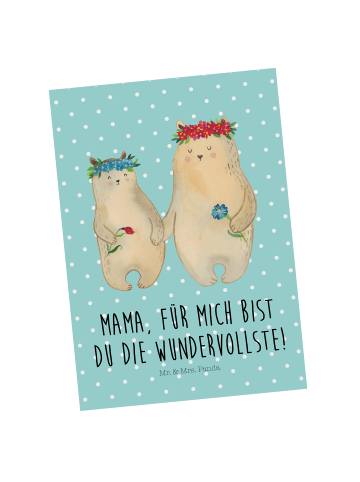 Mr. & Mrs. Panda Postkarte Bären mit Blumenkranz mit Spruch in Türkis Pastell