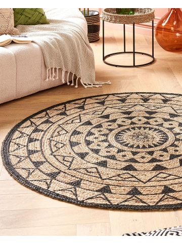 Beliani Geflochtener Teppich PORSUK in Beige/Schwarz - (W) 140 x (H) 0.2 x (L) 140 cm