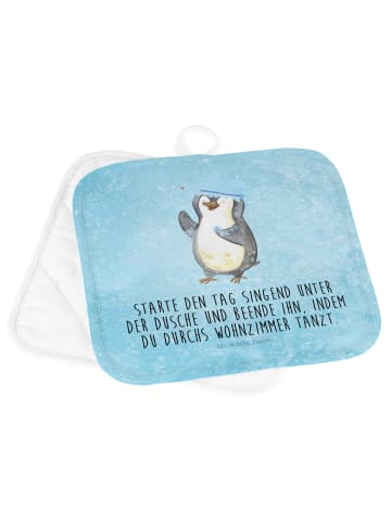 Mr. & Mrs. Panda 2er Set Topflappen  Pinguin Duschen mit Spruch in Eisblau