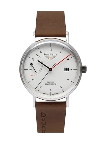 Bauhaus Armbanduhr Automatik 2160 mit Gangreserveanzeige und Lederarmband in Weiss