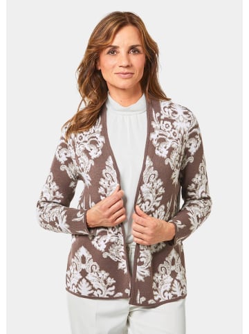 GOLDNER Kurzgröße: Jacquard-Strickjacke mit Glanzgarnen in toffee / stein / gemustert