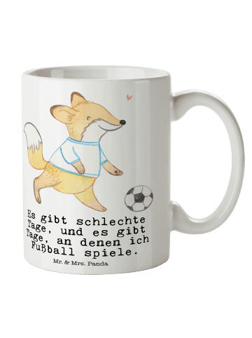 Mr. & Mrs. Panda Tasse Fuchs Fußball spielen mit Spruch in Weiß