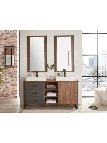 Furn.Design Badmöbel-Set 7-teilig Eiche, Matera grau, Doppelwaschtisch inkl. 2 x Waschbecken