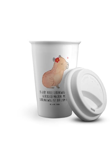 Mr. & Mrs. Panda Kaffeebecher Capybara Blume mit Spruch in Weiß