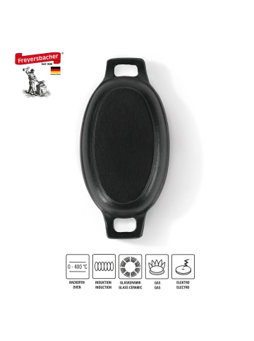 Freyersbacher Kleine Gusseisenpfanne Oval 14x9 cm, Emaille Servierpfanne in Schwarz
