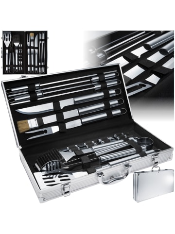 tectake Grillbesteck mit Aluminiumkoffer  lange Griffe, grau