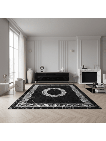 KADIMA DESIGN Teppich Kurzflor Waschbar Mäander INN Strapazierfähig OEKO-TEX in Schwarz