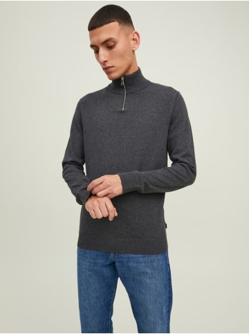 Jack & Jones Dünner Strickpullover Half Zip Stehkragen Sweater JJEEMIL in Dunkelgrau