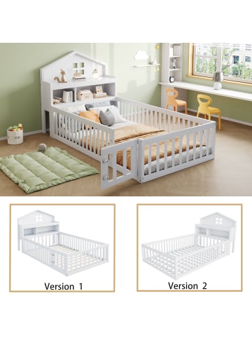 ABRIHOME Kinderbett mit Einlegeböden Stauraum Schutzgitter und Tür 90 x 200 Weiß