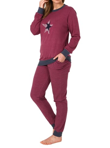 NORMANN Frottee Pyjama Bündchen und Stern Hose gestreift - 75914 in beere