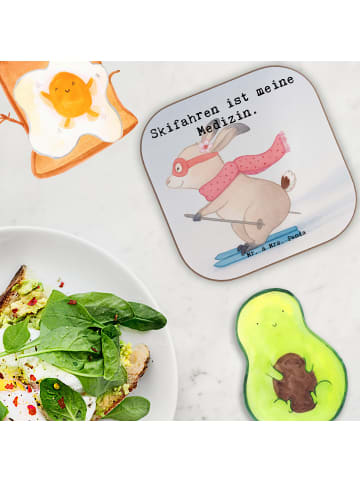 Mr. & Mrs. Panda Holzuntersetzer Hase Skifahren Design mit Spruch in Weiß